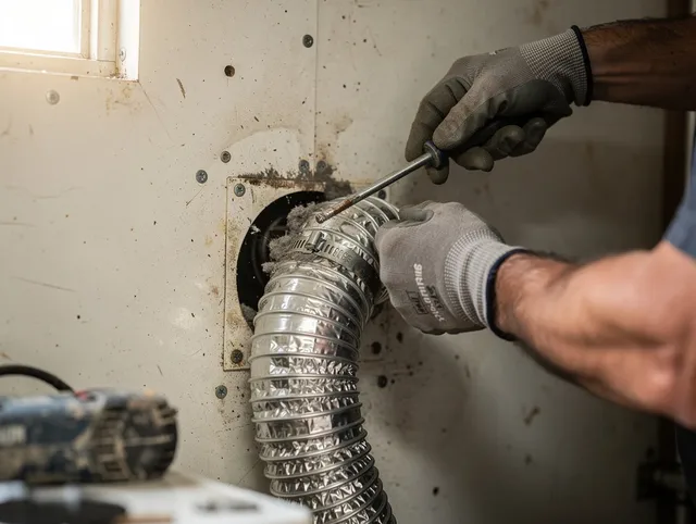 Temple City Dryer Vent Cleaning technician performing precise dryer vent hose installation in Temple City